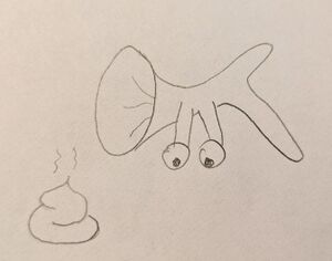 A Tubershuckle has leapt into the air, arcing towards a giant pile of feces